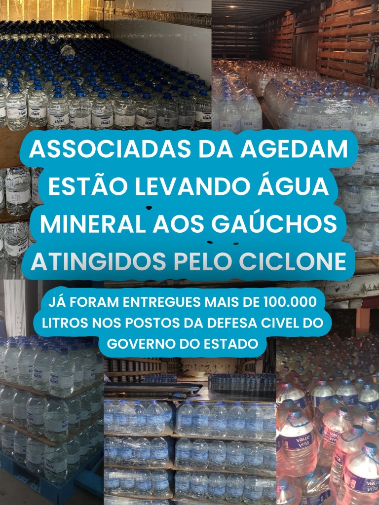 Água mineral sendo carregada nos caminhões que estão levando para postos da defesa civil do estado do rio grande do sul distribuir para os atingidos pelo ciclone extratropical